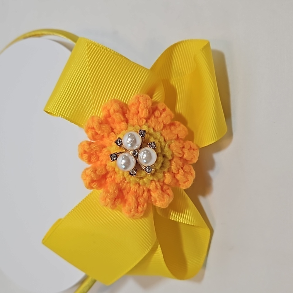Hand Crafted yellow bow hairband hand  crochet flower faux pearls beads floral - Picture 13 of 17